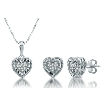Sterling Silver 1/10 CTTW Diamond Heart Earring & Pendant Set