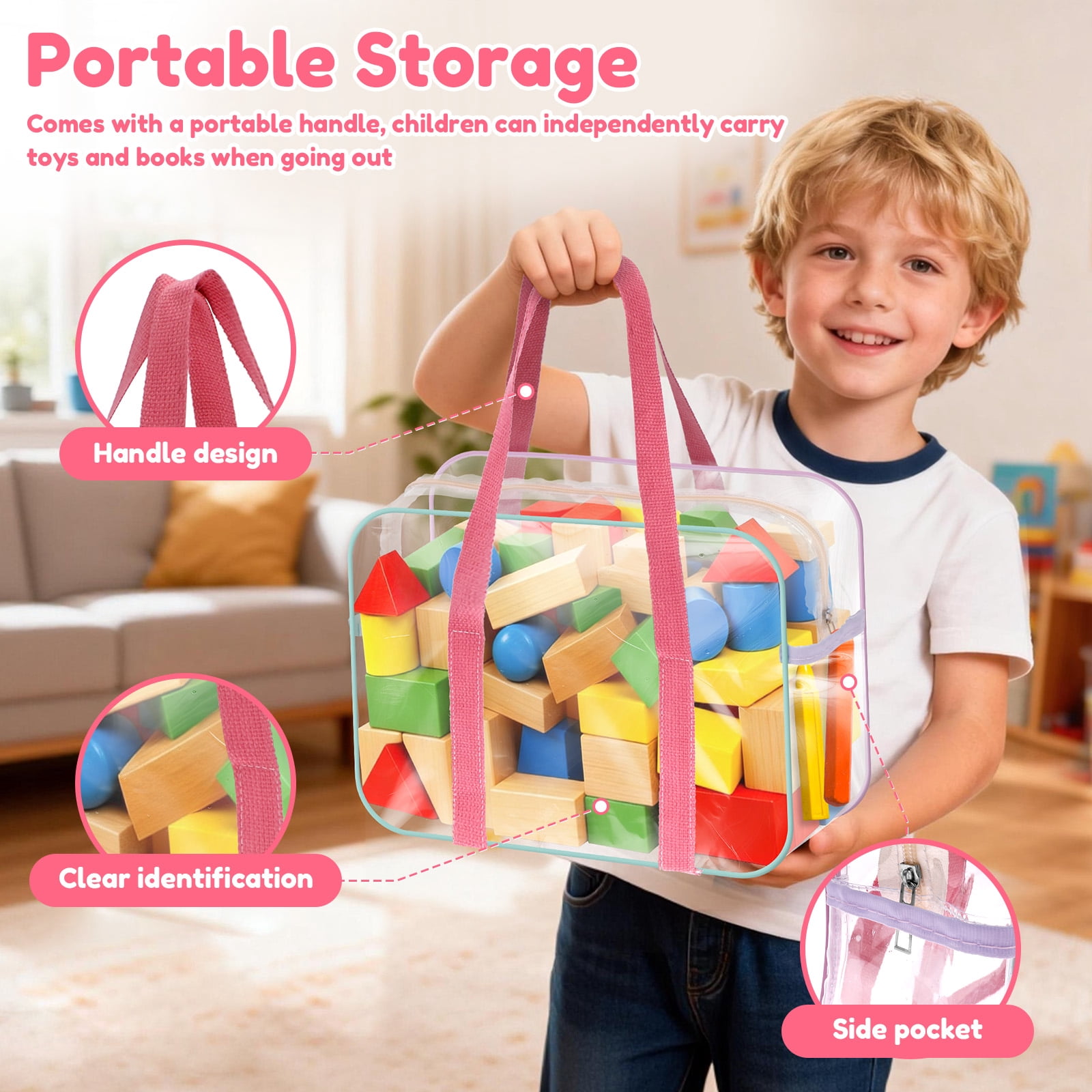 Grusce 4Pcs PVC Toy Storage Bags Waterproof Clear Toy Organizer Bag with Zip and Side Pockets for Building Blocks Puzzle 13.39x9.45x4.72 inch