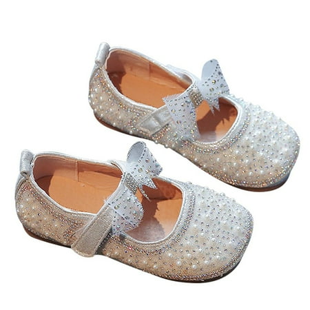 Toddler Little Girl Dress Shoes - Girl s Bow Mary Jane Glitter Pearl Ballet Flats Party School Wedding