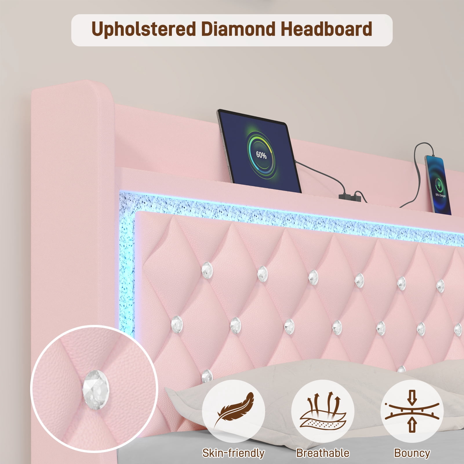 Blotout Floating Queen Bed Frame with LED Lights&Power Outlet, Upholstered Pu Leather Platform Bed with Diamond Tufted Storage Headboard & Footboard, No Box Spring Needed, Noise Free, Pink