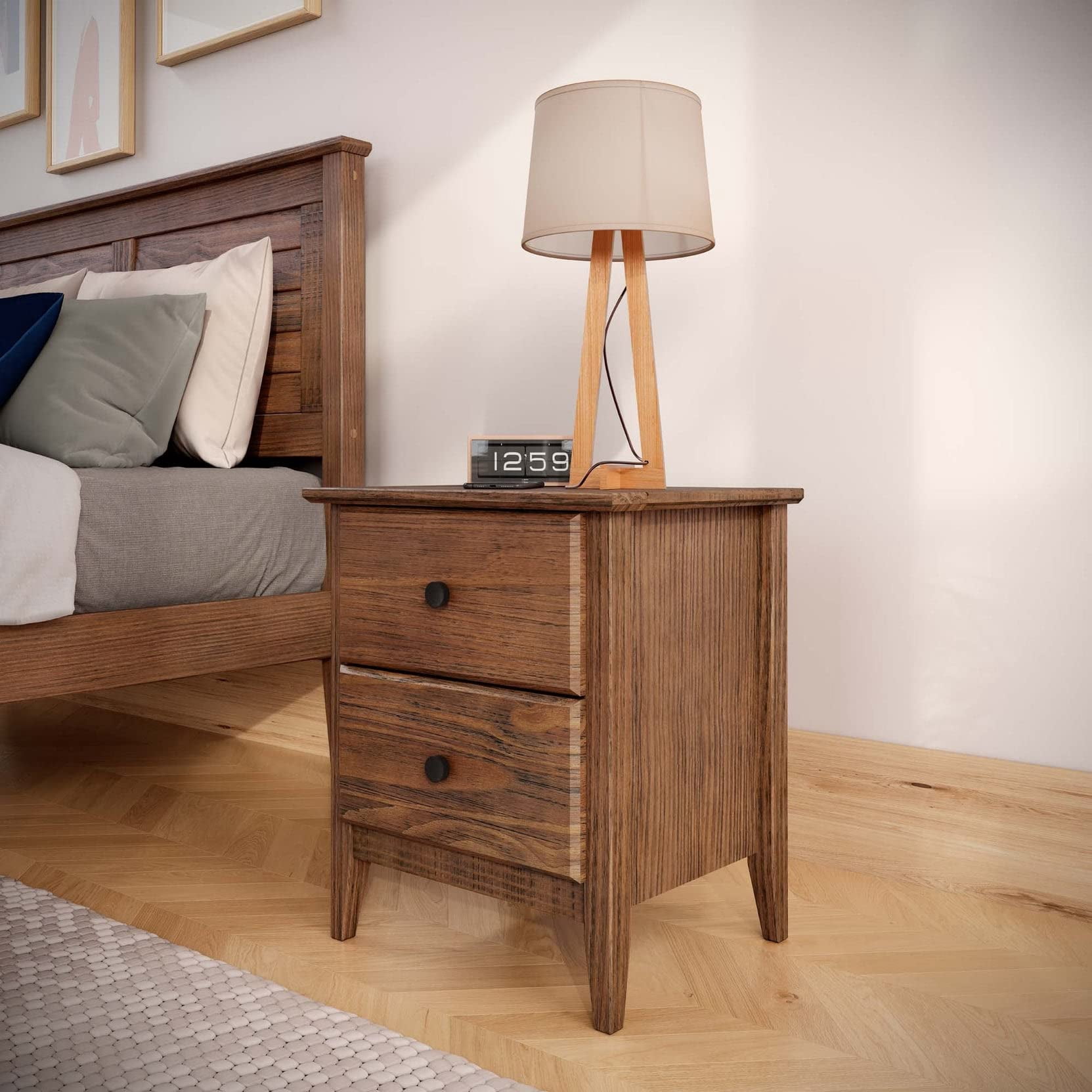 Grain Wood Furniture Greenport 2-Drawer Bedroom Nightstand, Solid Wood with Brushed Walnut Finish