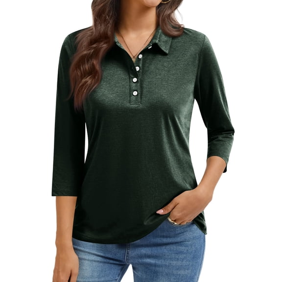 Lumtrix 3/4 Length Sleeve Womens Tops Solid Color 5-Button Collared Lightweight Polo Shirts Casual Loose Fit Business Work Blouses Dark Green XL