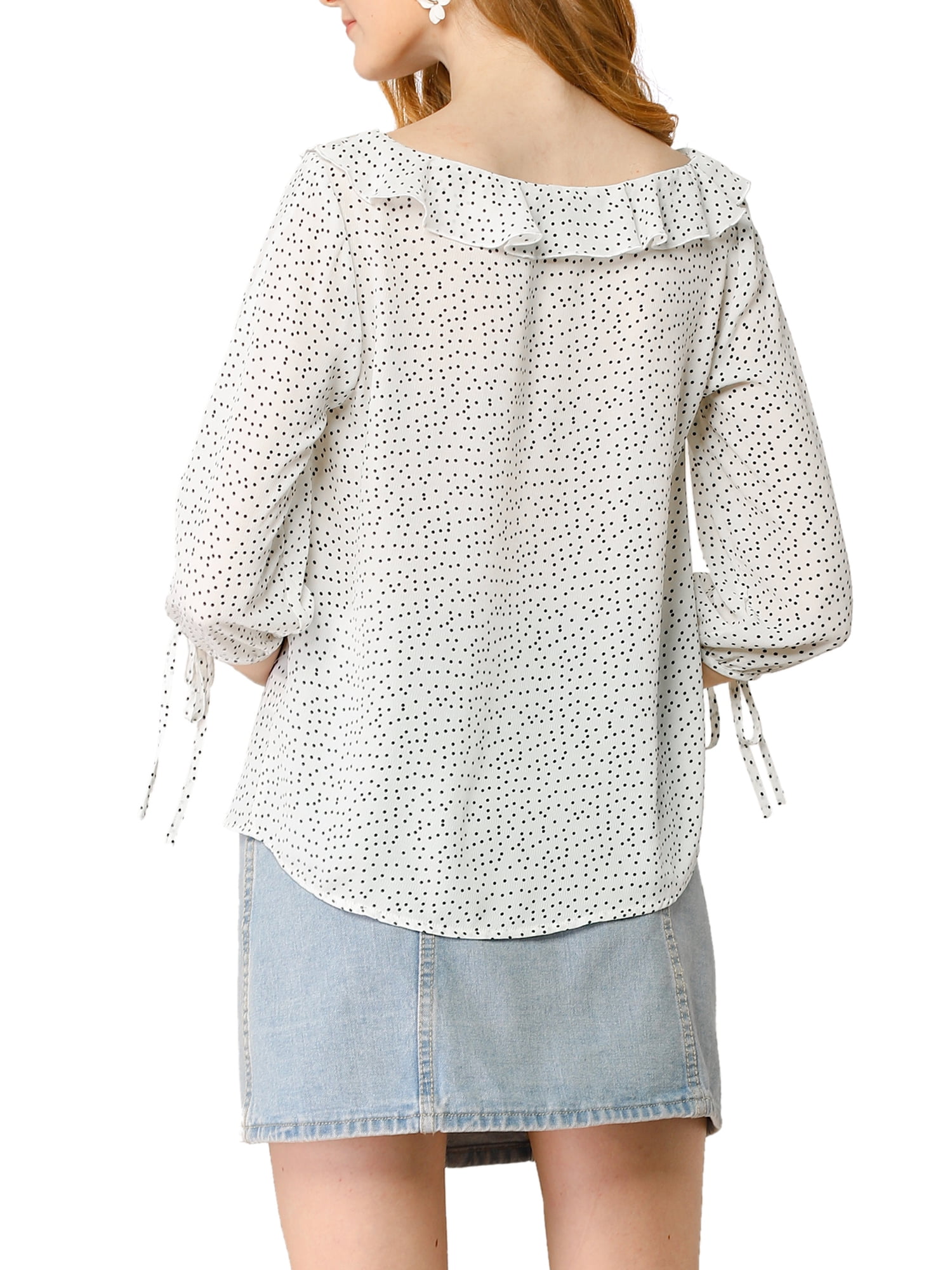 DARING DIVA Polka Dots Ruffled Neck 3/4 Sleeve Blouse Top M White