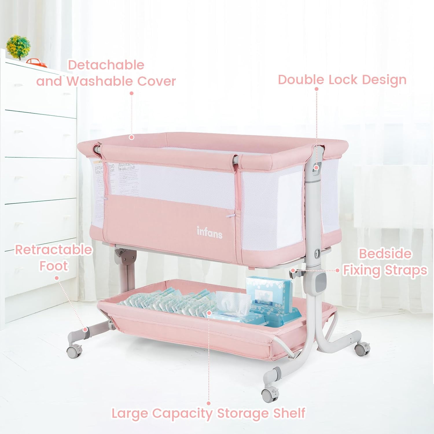 OLAKIDS 3-in-1 Baby Bassinet, Bedside Sleeper with Comfy Mattress, Wheels, 6 Height Adjustable, Storage Basket, Travel Bag, Portable All Mesh Crib for Newborn Infant (Pink)