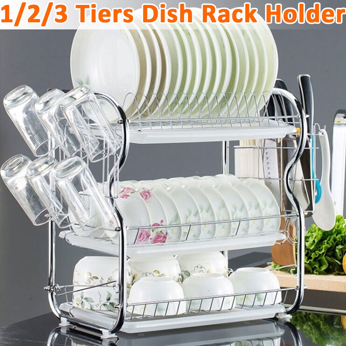 2 Tier Dish Drainer Kitchen Cutlery Rack Holder Sink Tray Utensils Glass Space
