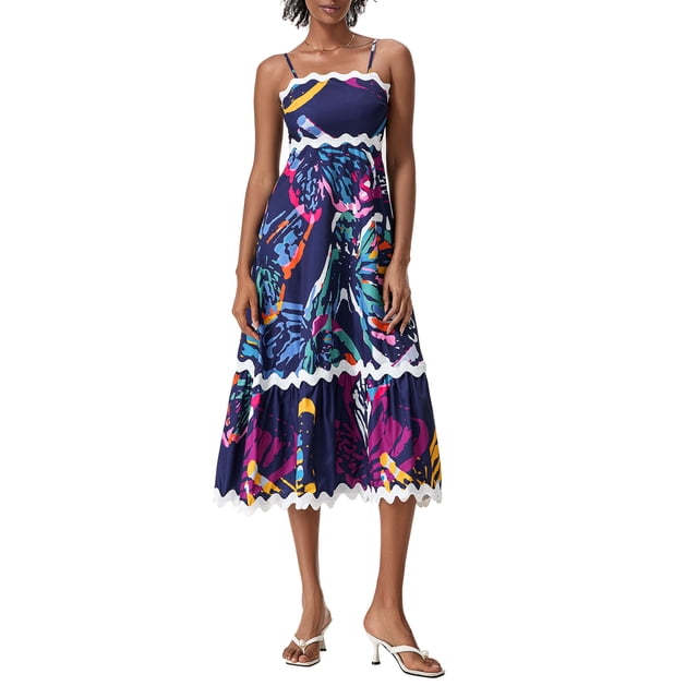 Gupgi Robe Débardeur Florale pour Femmes Bretelles Spaghetti Robes Évasées Sans Manches Taille Haute Robe Longue Fluide Robe de Plage