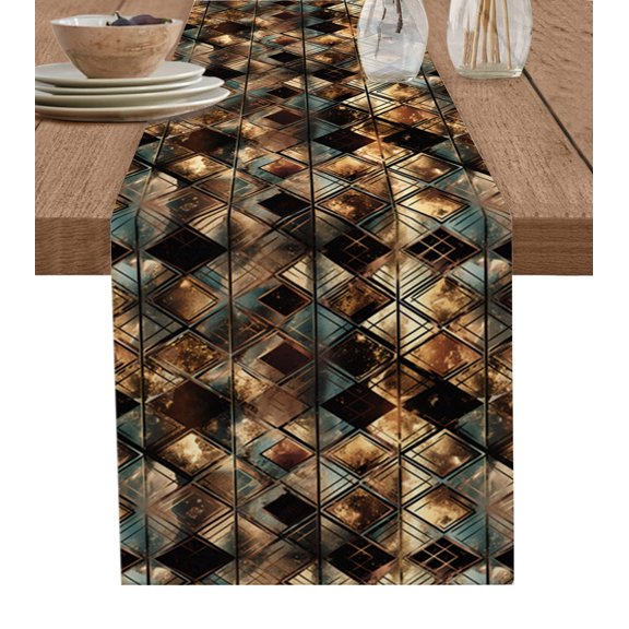 Hokiten Table Runners 70 Inches Long Dress Scarves, Brown Teal Geometric Farmhouse Coffee/Dining/Kitchen Table Decor, Holiday Table Runner, Retro Modern Plaid Abstract Art 13x70 Inch