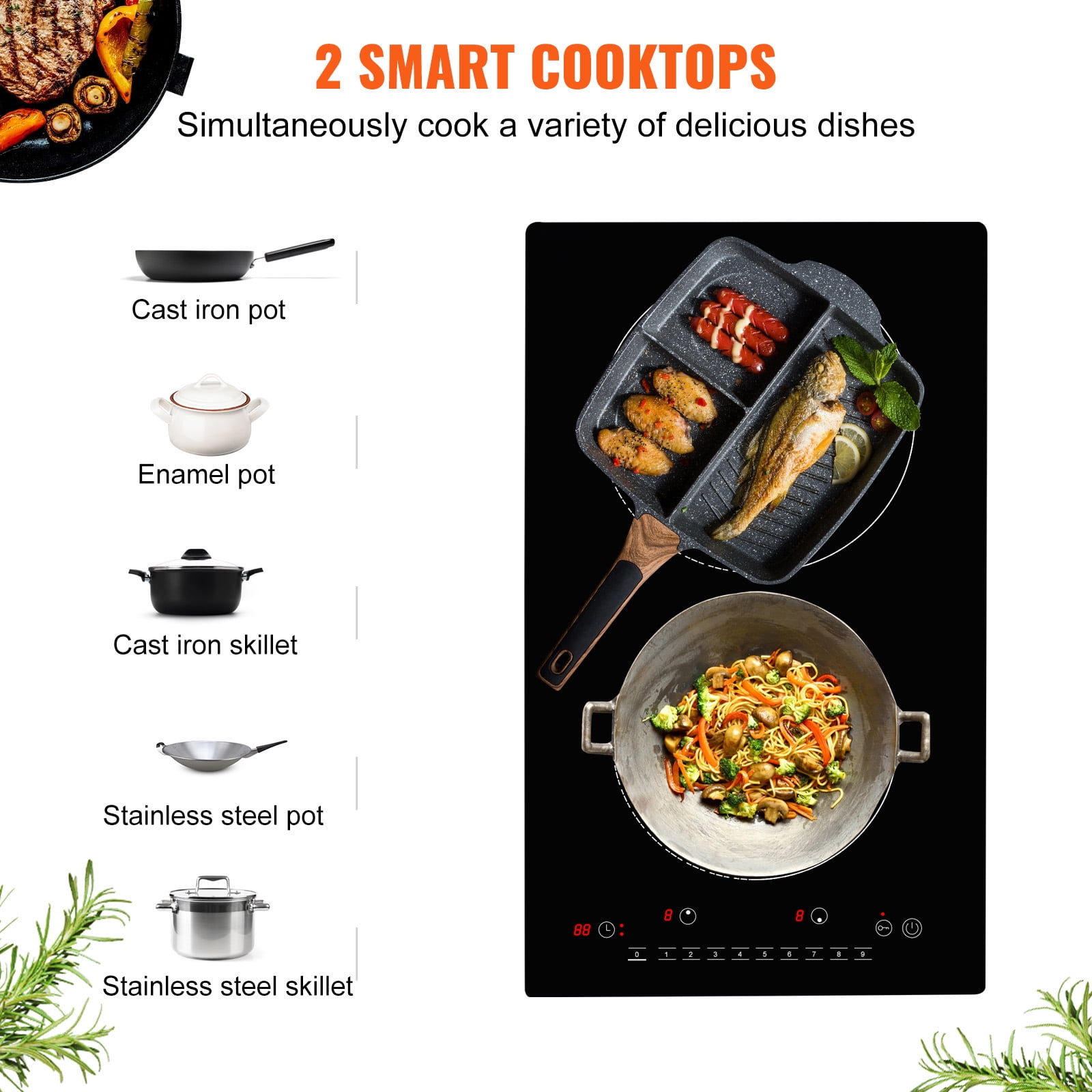 SKYSHALO 12" Electric Cooktop, 1800W 2 Burners Ceramic Glass Stove Top Touch Control Built-in Magnetic Cooktop w/ 9 Heating Level Child Lock & Over-Temperature Protection