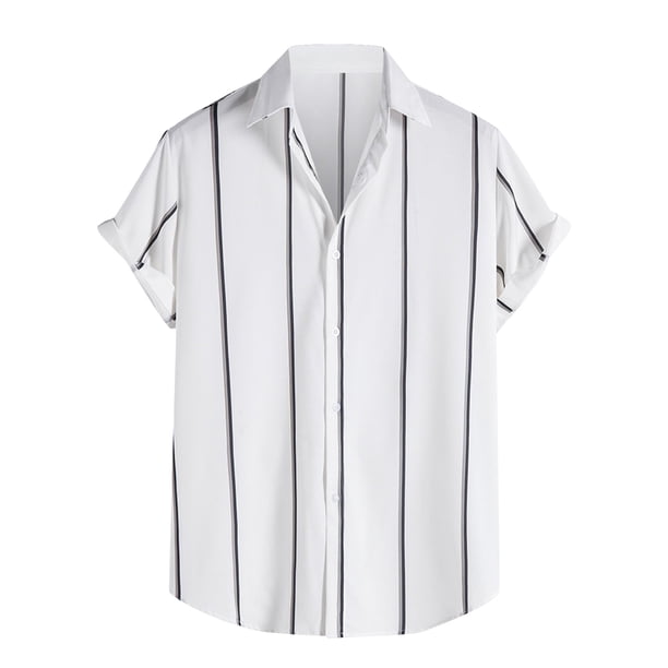 Camisa a rayas de un solo pecho con botones casuales para hombre Camisa hawaiana de manga corta Pompotops oipoqjl48949