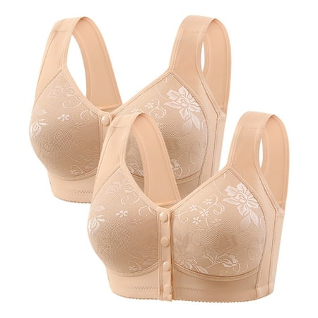 Gnurob 2 Pack Daisy Bras for Women No Underwire Bralette Front Closure Bra Comfort Senior Snap Closing Bralettes for Older Clearance Deals 02-Beige Large