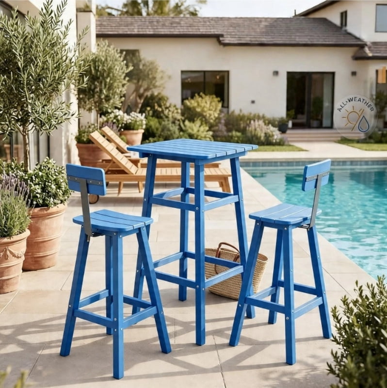 3 Piece Outdoor Bar Set Patio HDPE Dining Set with Square High-Top Table Footrest & Backrest