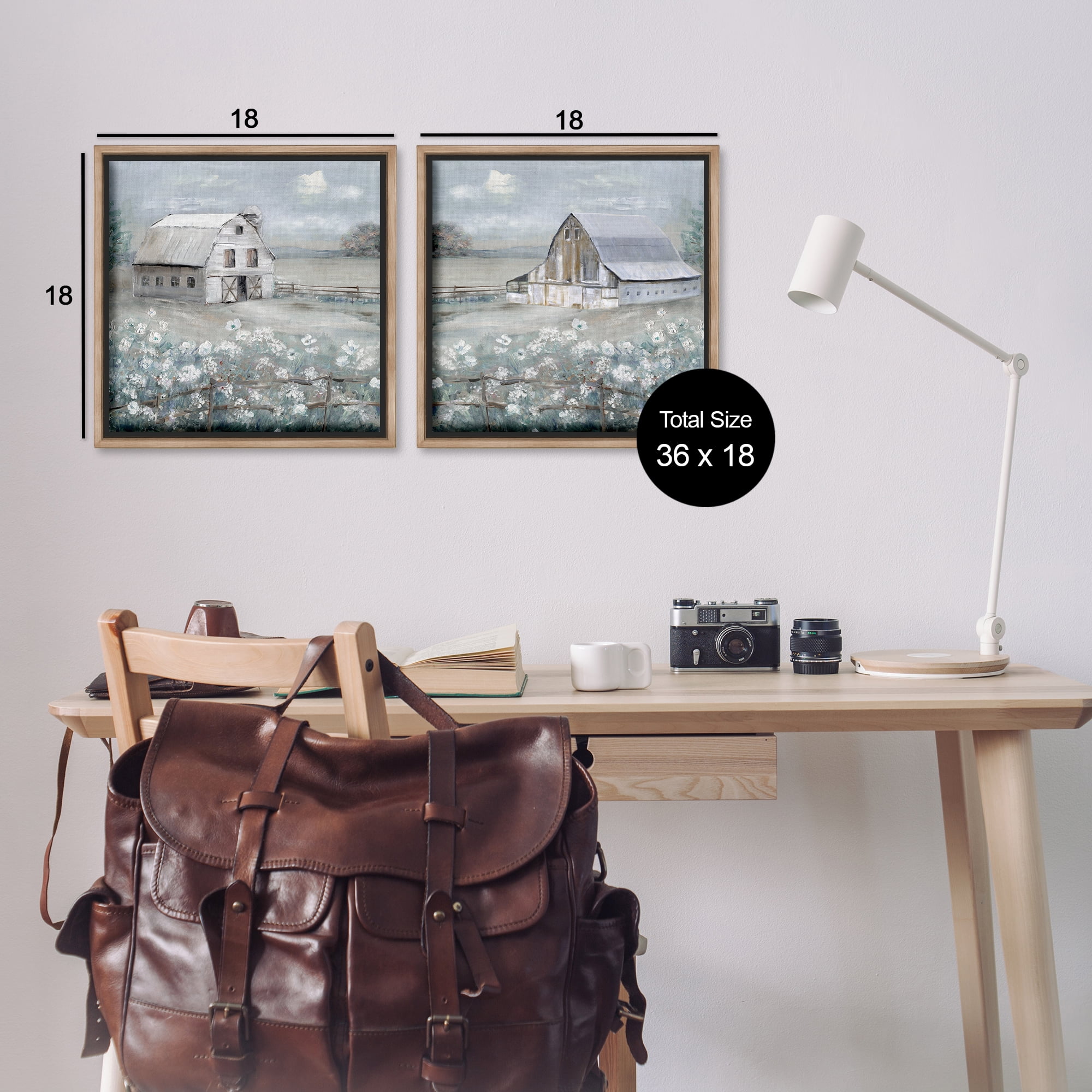 Stupell Industries Country Meadows with Barns Landscape & Nature Painting Brown Floater Framed Canvas Art Print Wall Art, 18 x 18, Set of 2