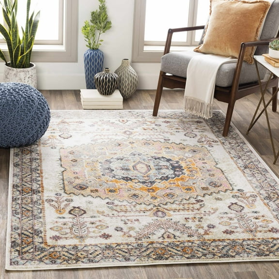 Hauteloom Loranger Living Room, Bedroom Area Rug - Traditional Rustic Medallion - Pink, Pale Blue, Colorful, Cream - 7'10" x 10'3"