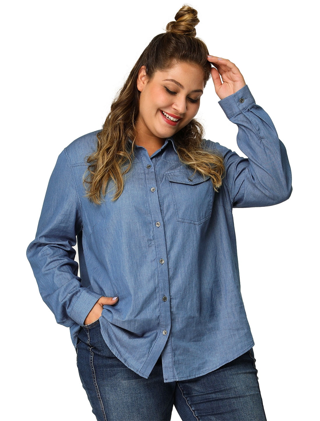 DARING DIVA Women's Plus Chest Pocket Long Sleeve Denim Chambray Shirt 6X Blue