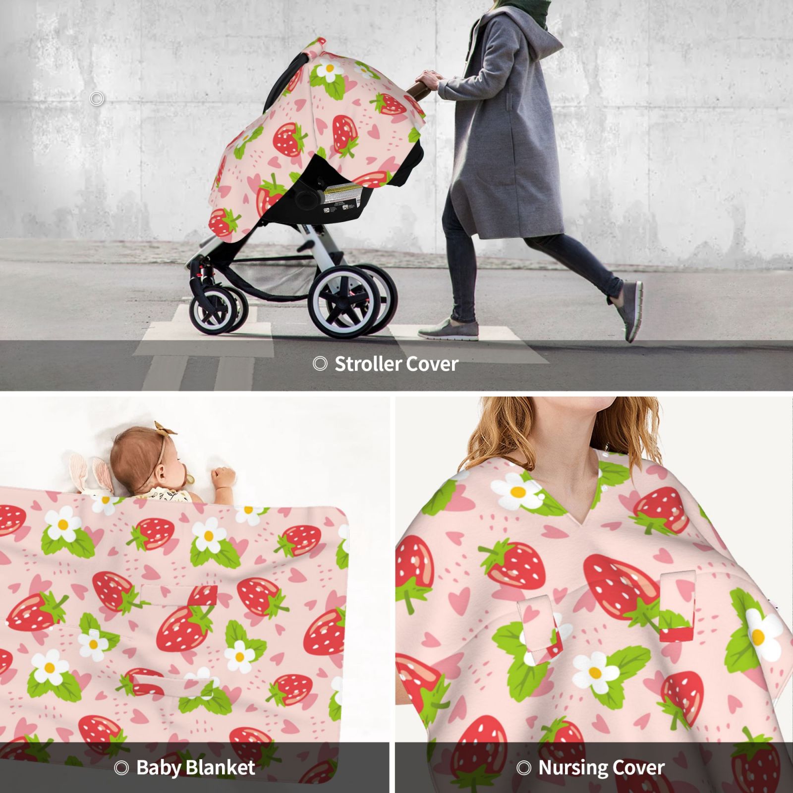 Car Seat Cover Baby - Cute Strawberry Pink Love Breathable Infant Car Seat Cover for Baby Carseat, Lightweight Comfort Baby Essentials Must Haves Newborn Stuff for Girl Boy