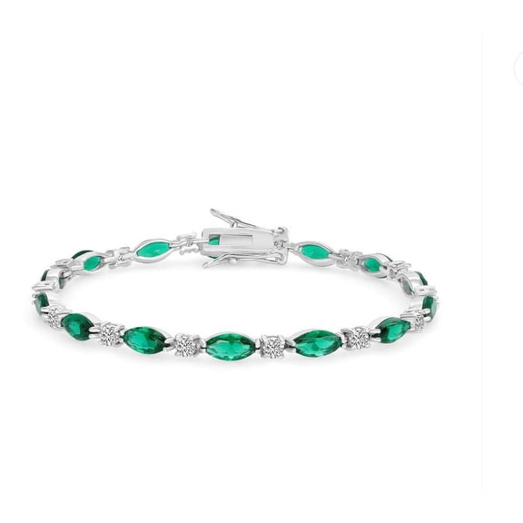 Solid 925 Sterling Silver 7” Green Marquise Cubic Zirconia Tennis Bracelet Rhodium Plated for Women, Italy
