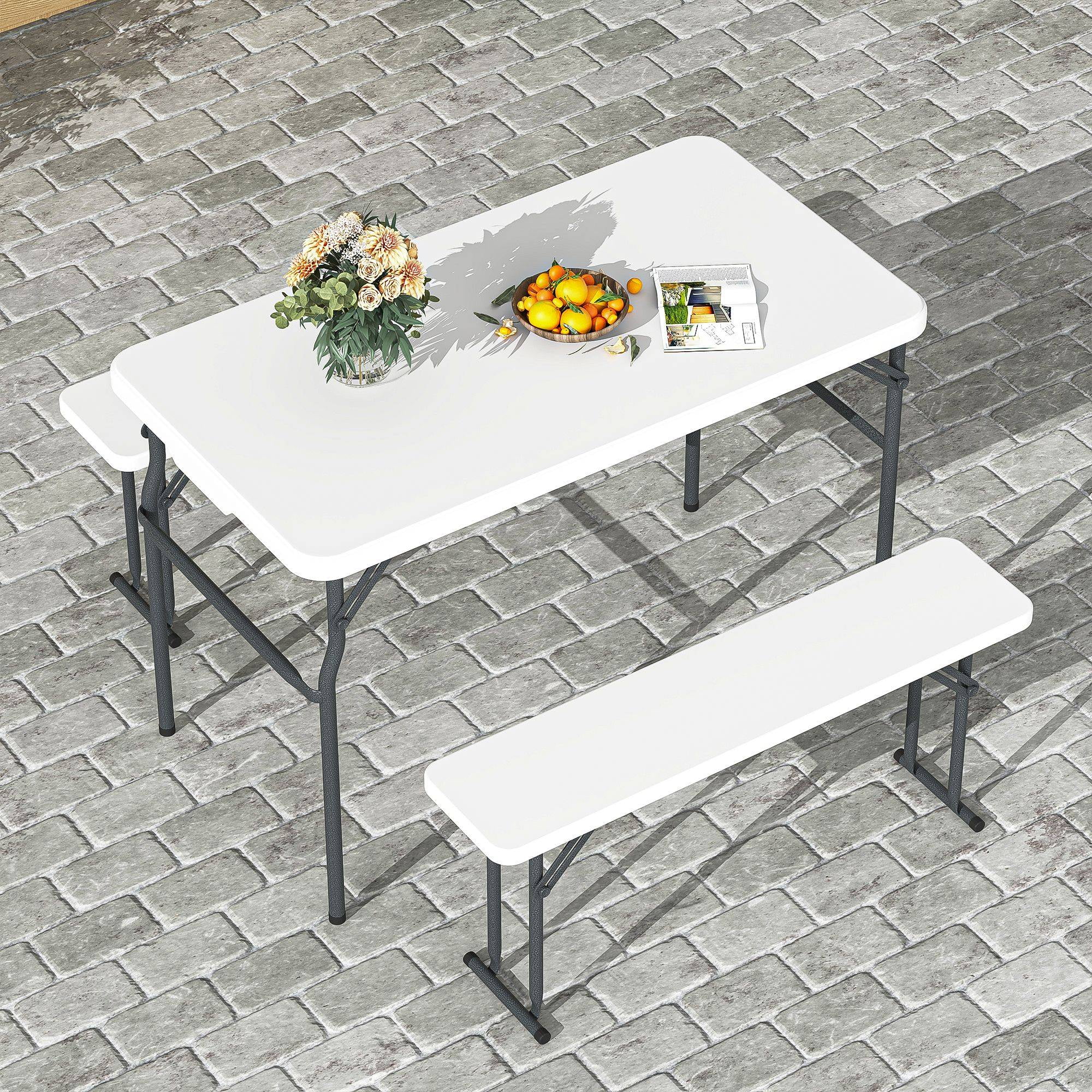Demi Bonn 3-Piece Folding Picnic Table Set with 2 Benches, 6 Feet Camping Table Chair Set fordoor or Outdoor Use, Smooth Tabletop, White