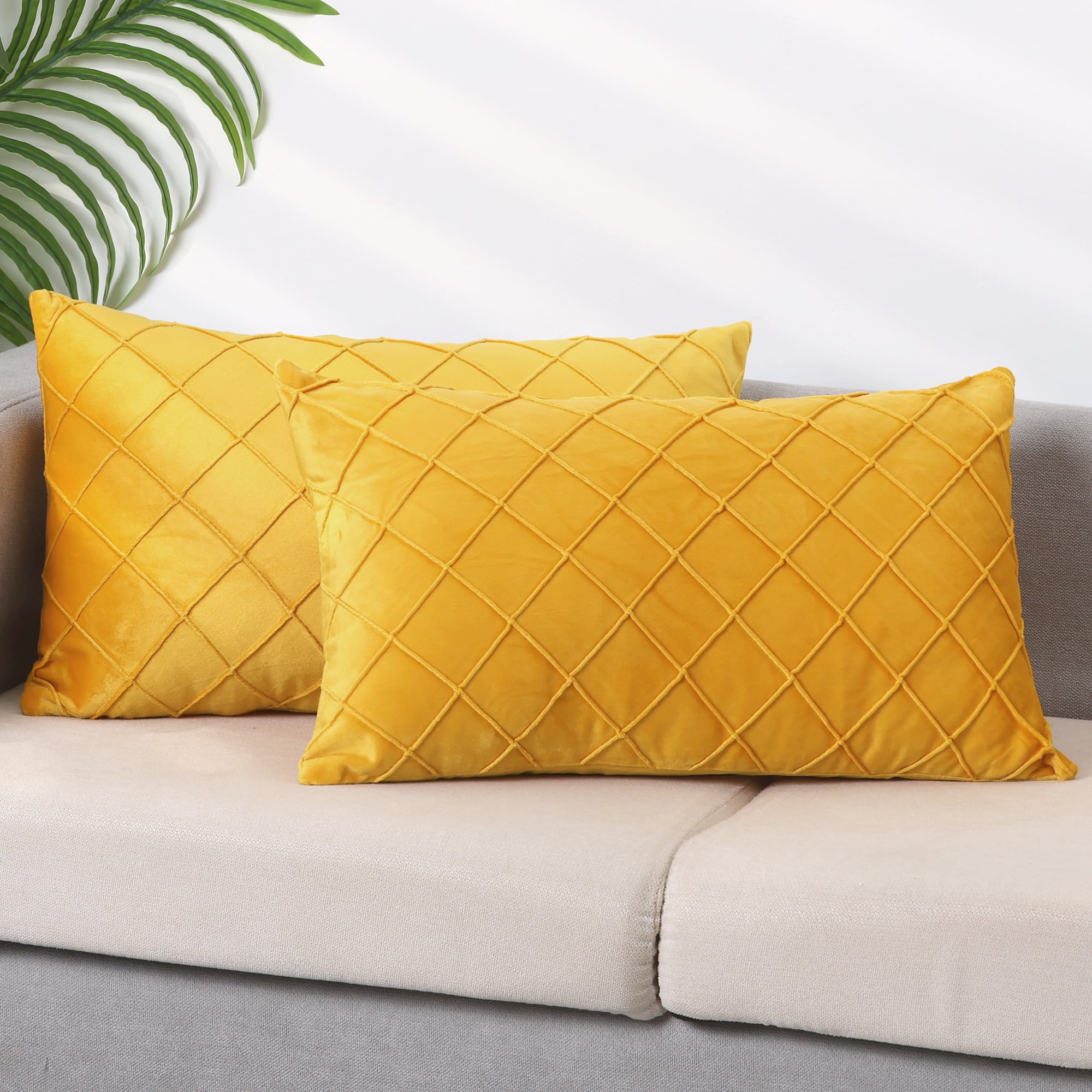 Unique Bargains Velvet Decorative Pillow Covers Geometric Textured Cushion Covers 2 Pcs Yellow 12" x 20"