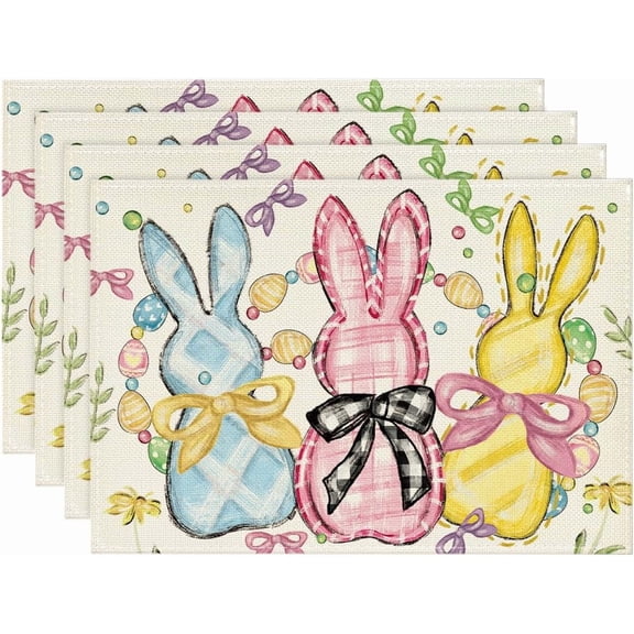 Moderong Bunny Rabbits Eggs Easter Placemats Set of 4, 12x18 Inch Floral Bow Seasonal Spring Holiday Table Mats for Party Kitchen Dining Decoration