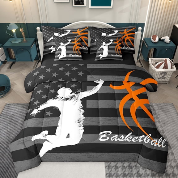 Homewish Basketball Sport Player Twin Bedding Sets 7-Piece for Teen, Grey Stripes Abstract Bedding Comforter Set, Modern Ball Game Reversible Sheet Sets, Luxury Bedroom Decor