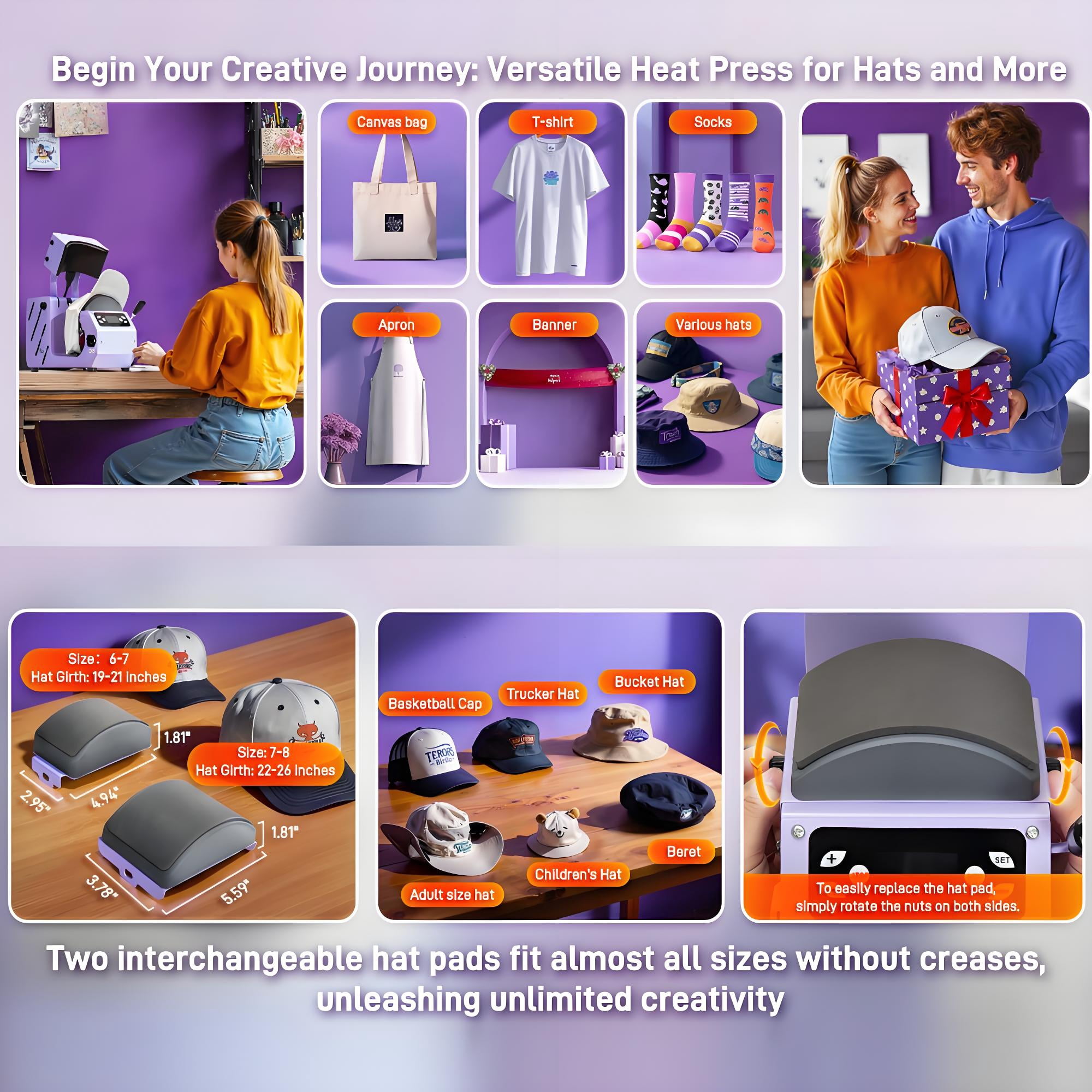 Hat Heat Press Machine,GOCHIFIX Automatic Hat Heat Press with 2pcs Interchangeable Platens for Caps Hats T-Shirts and HTV Iron On and Sublimation Projects,Purple