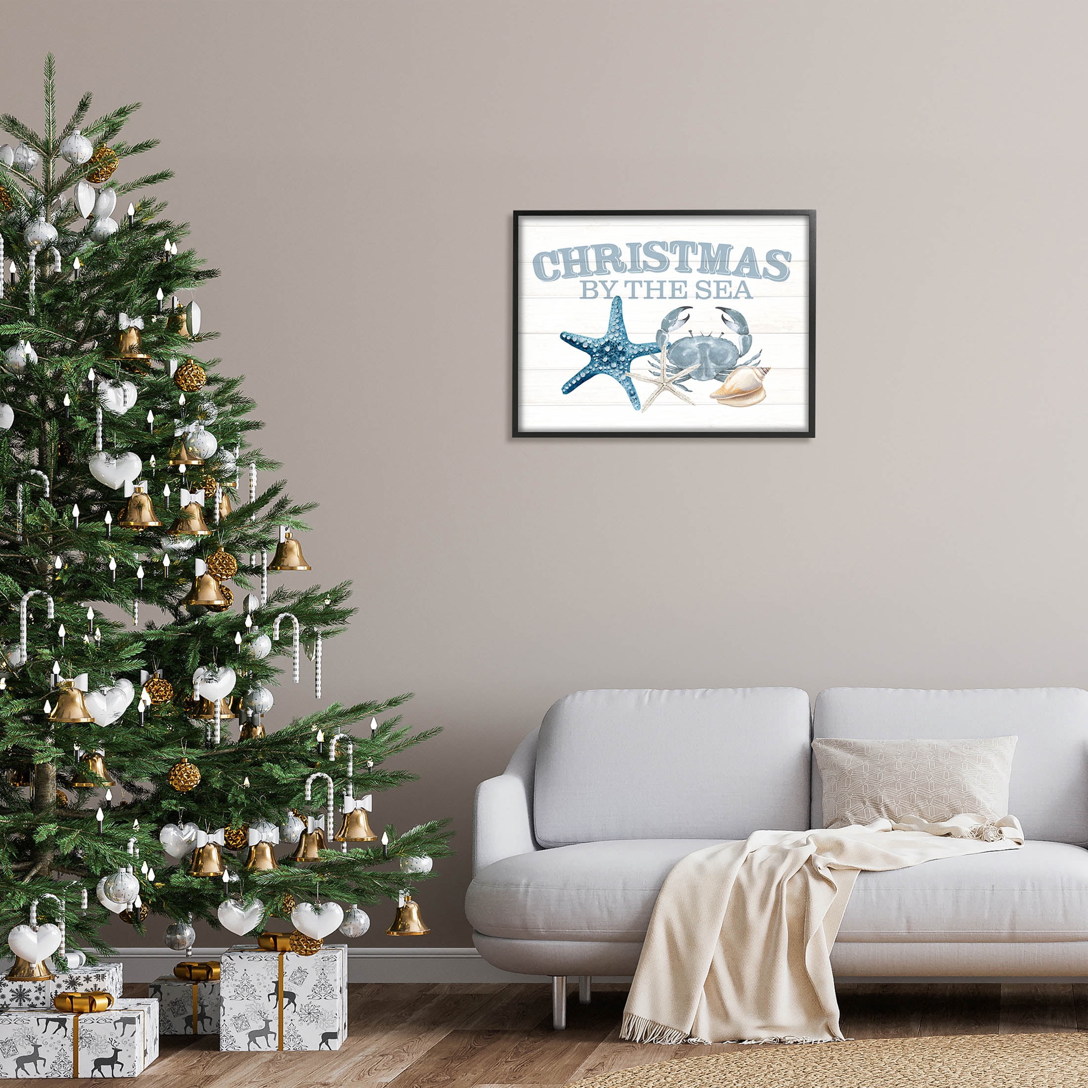 Stupell Industries Christmas By The Sea Nautical Graphic Art Black Framed Art Print Wall Art, Design by Kim Allen