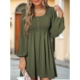 thumbnail image 5 of Women'S Casual Dresses Smocked Crewneck Button Up Long Sleeve Waist A-Line Mini Dress Green M, 5 of 8