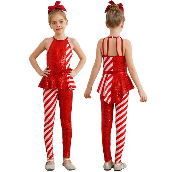 TiaoBug Kids Girls Sleeveless Sparkly Sequins Dance Unitards Jumpsuit Christmas Candy Cane Costume Red 12