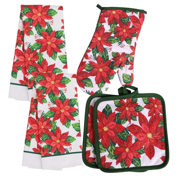 Red Poinsettia Christmas Kitchen Linen Flowers Set of 5 – 2 Kitchen Towels 2 Pot Holders 1 Oven Mitt – Holiday Kitchen Decor Washable Heat Resistant Christmas Gift w/ Bonus Xmas Spatula Set & Candy