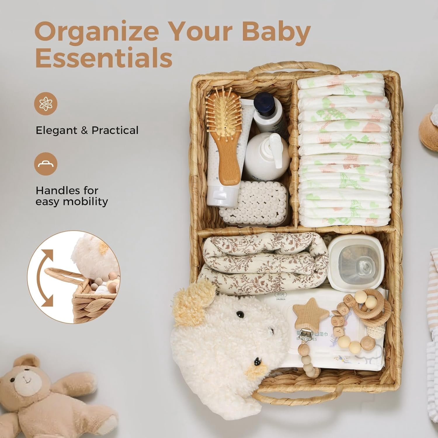 Baby Diaper Caddy Organizer, Handwoven Nursery Basket Changing Table Organizer Natural Water Hyacinth Storage Basket for Nursery Bathroom Kitchen Shelves Office Supplies Organization