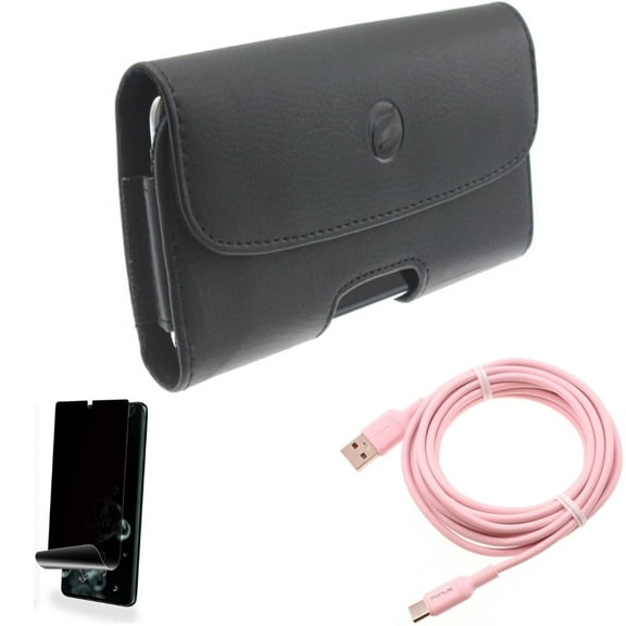 Privacy Screen Protector w 10ft Long USB-C Cable w Case Belt Clip for Samsung Galaxy S20 Ultra - TPU Film [NOT GLASS] [Fingerprint Works], Pink Charger Cord Power Wire, Leather fits Galaxy S20 Ultra
