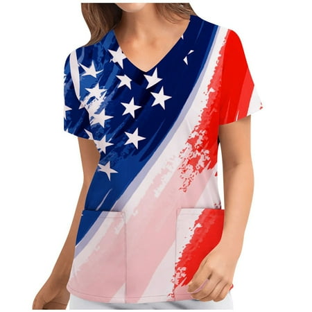 

Sksloeg Spring Printed Scrub Tops for Women Breathable July 4th American Flag Print Nurse Uniforms for Women Short Sleeve V-Neck Shirts Tee Tops with Pockets Blue M