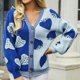 thumbnail image 1 of Suéter de cuello redondo para mujer, cárdigan corto floral, suéter de punto con estampado frontal abierto de manga larga de otoño, prendas de vestir exteriores informales, tops para mujer, 1 of 5