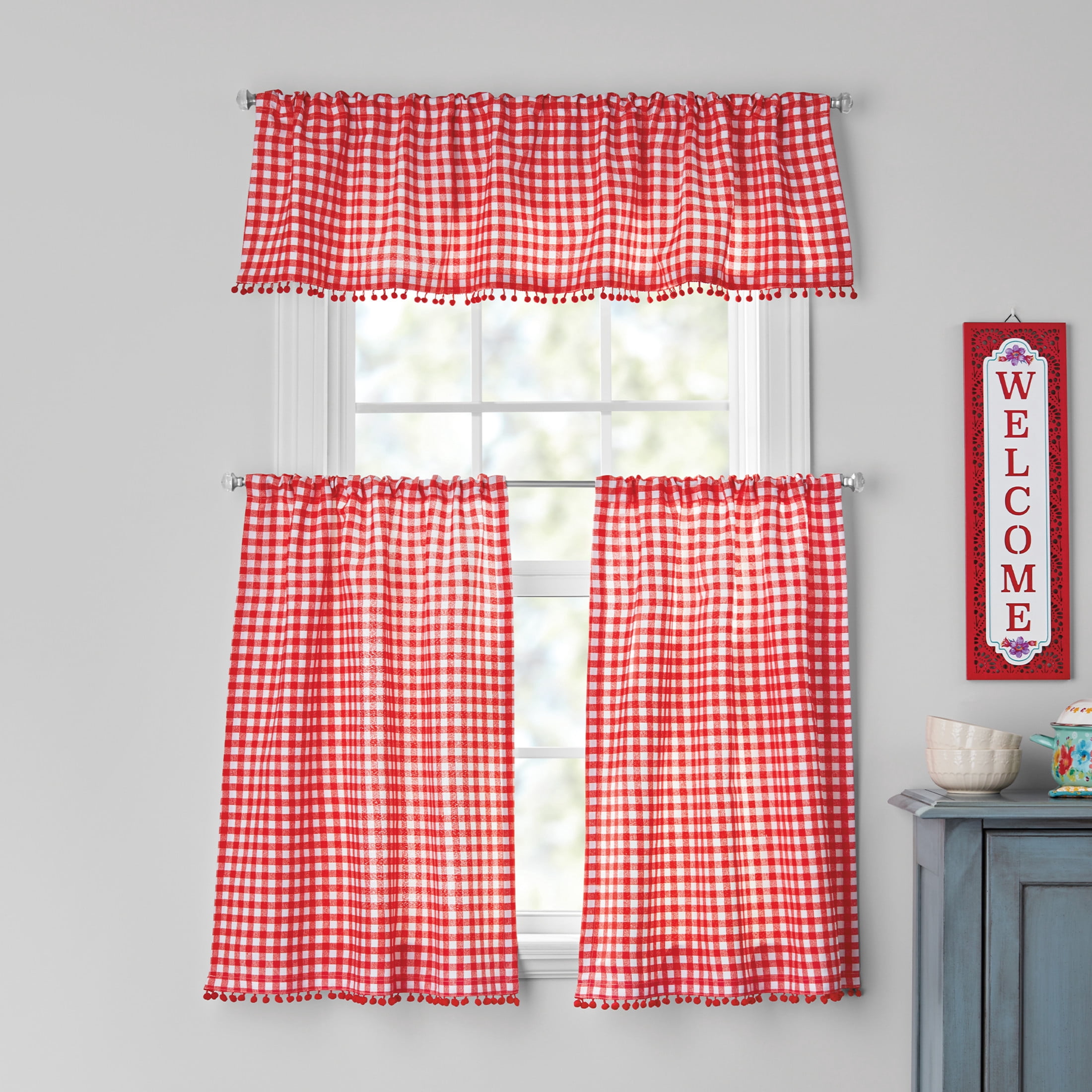 The Pioneer Woman Gingham Curtain Tier Pair and Valance Set, 3-Piece, 60" W x 36" L, Red