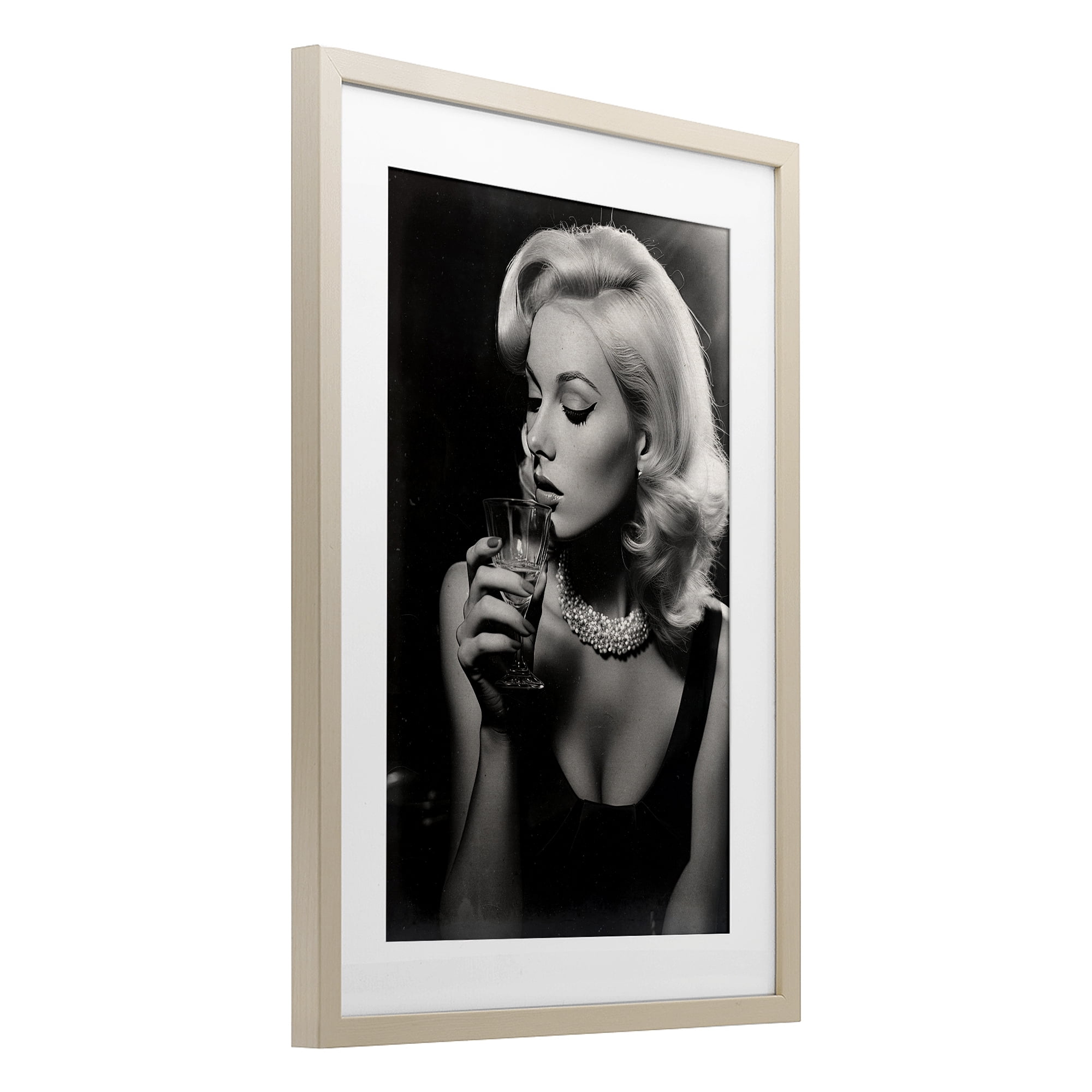 Classic Woman & Martini Birch Framed Print Under Glass, design by Decent Exposures