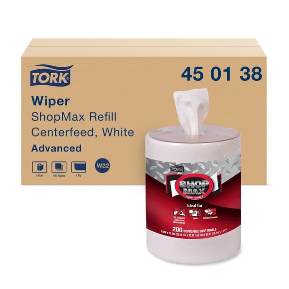Tork Advanced 450138 ShopMax Wiper 450, Centerfeed Refill, 1-Ply, 9.9" Width x 13.1" Length, White (Case of 2 Boxes, 200 per Box, 400 Towels)