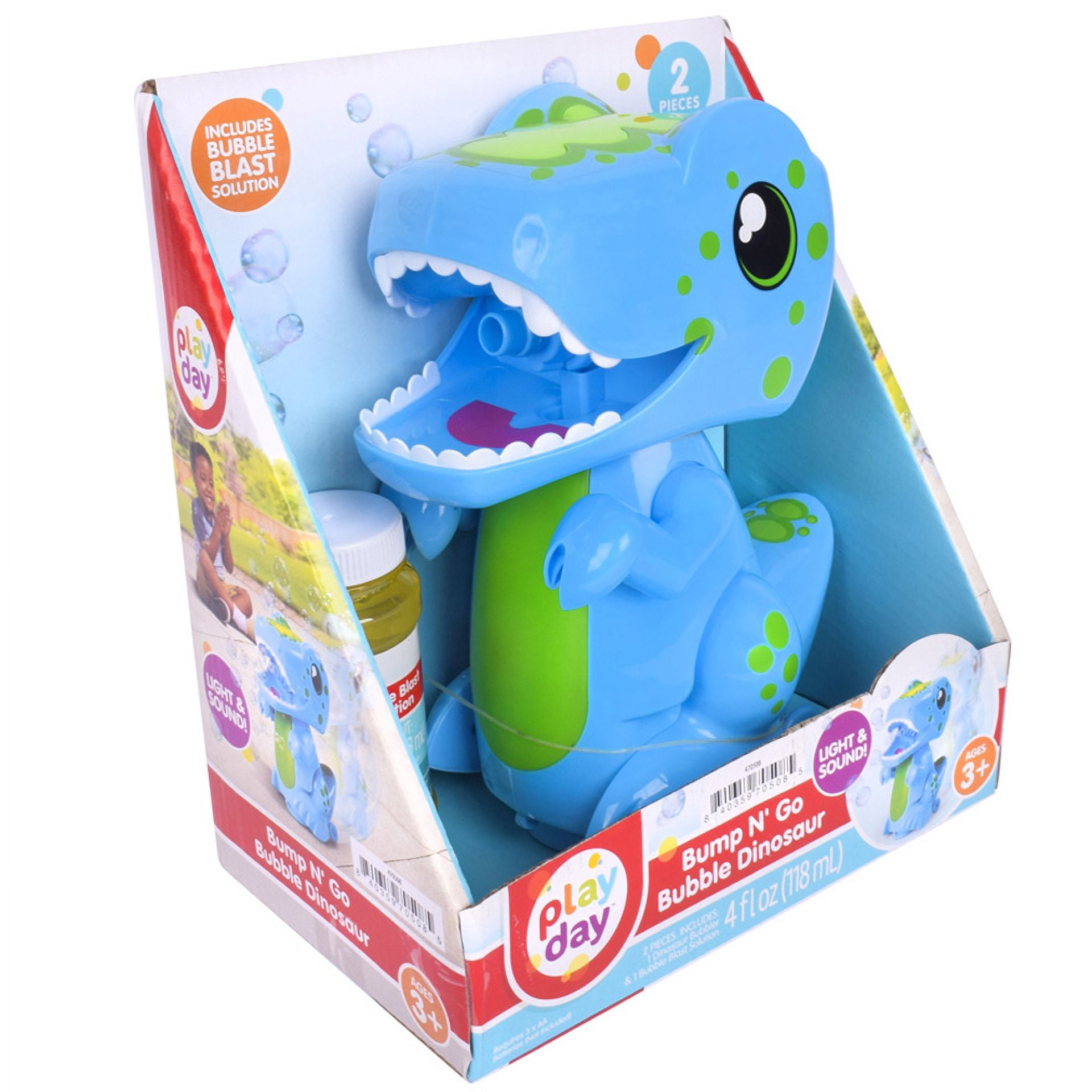 Play Day Bump N Go Bubble Blowing Dino-Lights, Sounds & Movement, 4 fl oz solution, Children Ages 3+