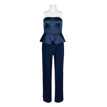Adrianna Papell Strapless Popover Zipper Back Satin Stretch Crepe Jumpsuit-LIGHT NAVY / 14