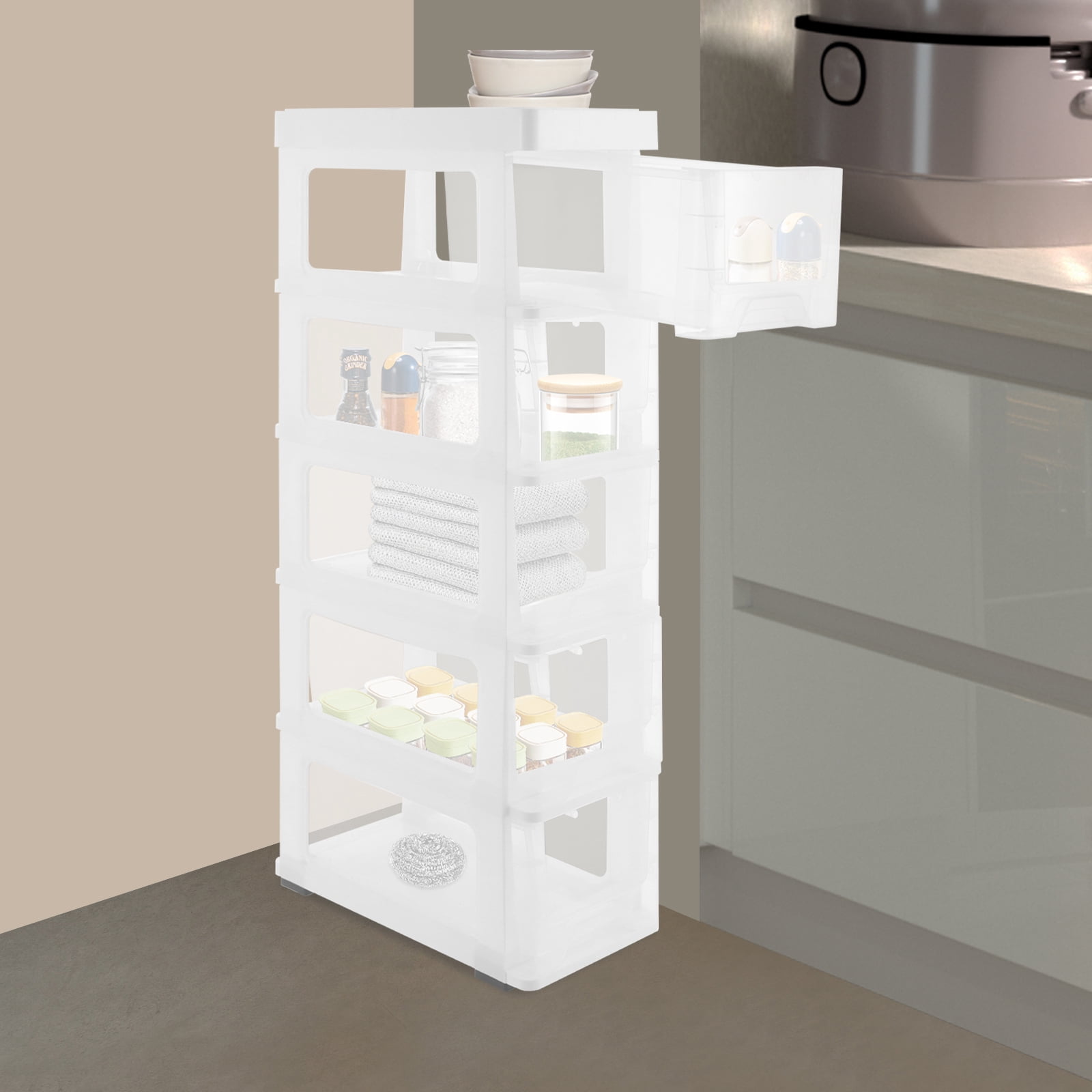 ToppiJoy 5 Drawers Narrow Bathroom Storage Cabinet, Storage Cabinet with Movable Wheels for Bathroom, Bedroom (White, Clear)