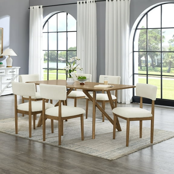 Roundhill Furniture Axler 7-Piece Dining Set, Tripod-Cross Dining Table with 6 Stylish Chairs, Light Oak