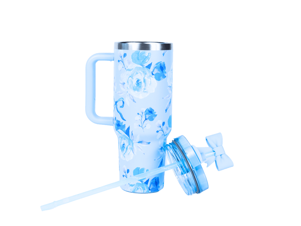 Hi Peach Layne Blue Floral Tumbler 40oz with Straw, Handle, & 30g Bath Bomb Inside, Limited Edition