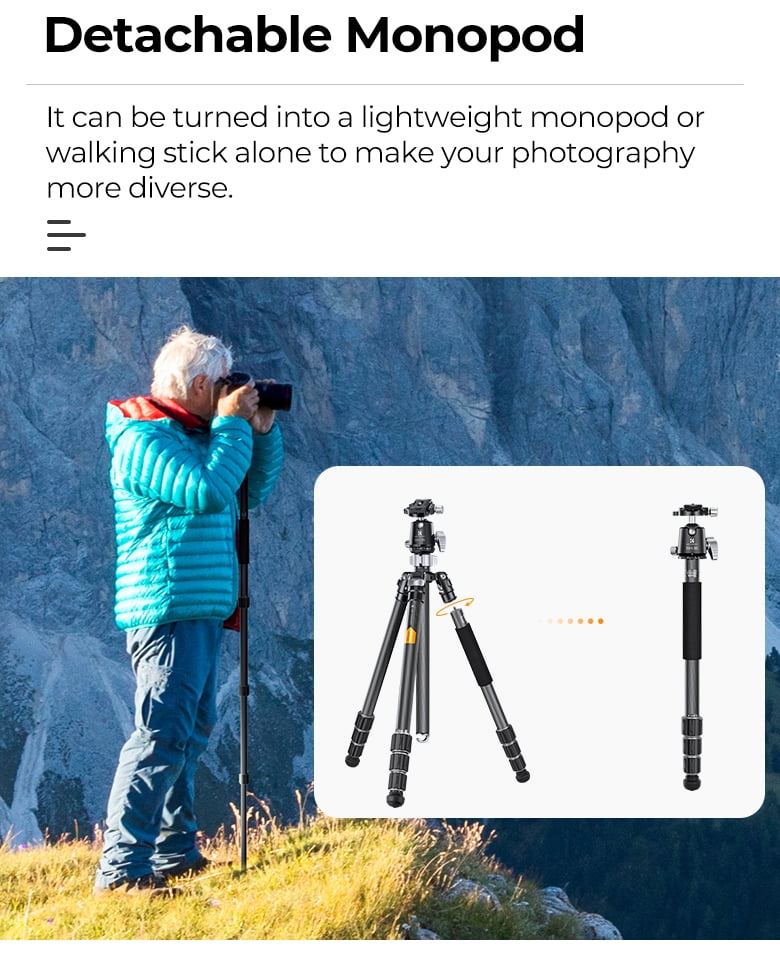 K&F Concept 68"/1.7m Carbon Fiber Camera Tripod, Professional Camera Tripod with 36mm Metal Ball Head Load,16KG/35.2lbs Travel Tripod for DSLR Camera