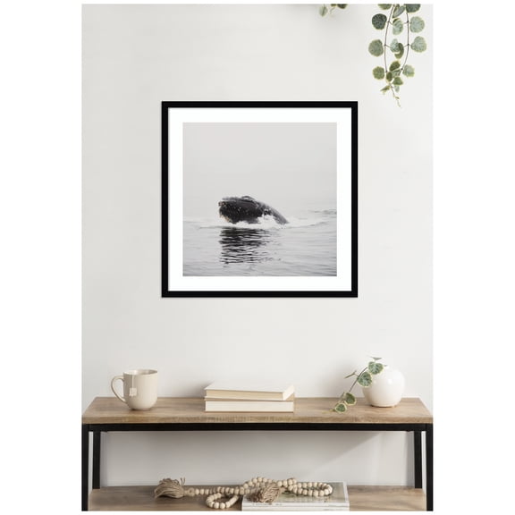 Kate and Laurel Framed Wall Art Print Humpback Whale No. 4 by Laura Evans, 25 x 25, Svelte Noir Black Frame, Coastal, Animal Art for Wall Decor