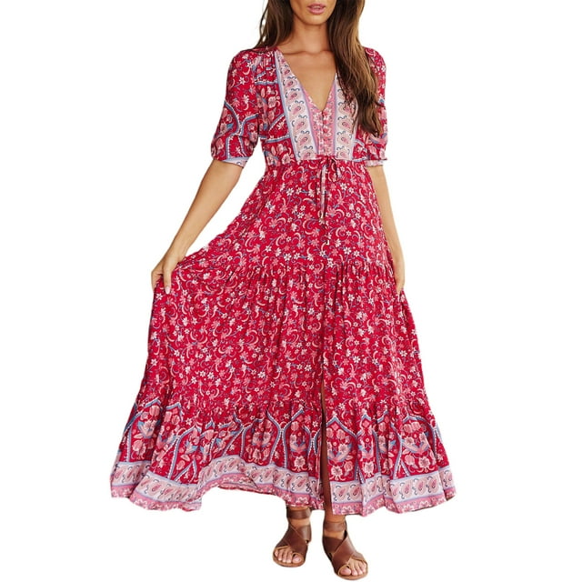 Nituyy Robe Longue à Imprimé Floral pour Femme, Manches Mi-Longues, Col en V, Ourlet Fendu, Coupe Fluide Évasée pour l'Été