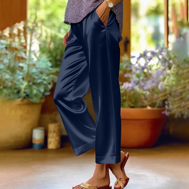 Capris Raccourcis pour Femmes Femmes Pantalon Satin à Jambe Grand Robe Décontractée Pantalon Long Fluide Élastique Taille Haute à Jambe Grand Longueur Cheville Pantalon Bleu Marine P