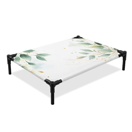 Summer Plant Elevated Dog Bed Classic Watercolor Green Leaf Cooling Breathable Outdoor Raised Dog Cot Bed with Metal Frame Non-Slip Feet for Large Dog 28x22in