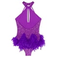 thumbnail image 6 of iiniim Sequins Leotard for Women Feathers Cocktail Ballroom Rumba Salsa Dance Dress Bodysuit Tops Purple M, 6 of 7