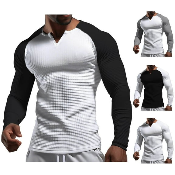 Qingpeng Men's Long Sleeve Shirts Pullover Sweater V Neck Color Block Thermal Tops Lightweight Undershirts
