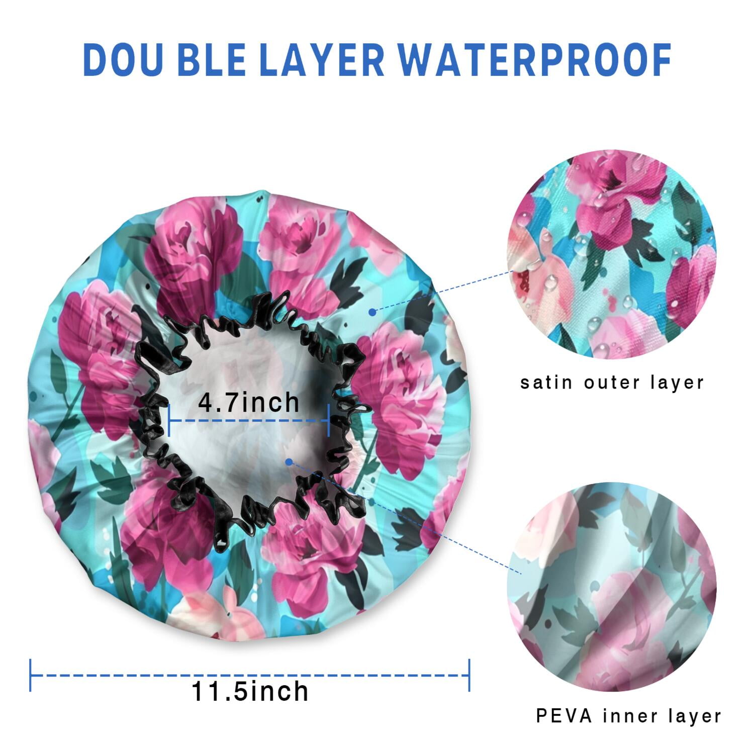 Shower Caps,Pioneer Flower Floral Print Pattern Waterproof Shower Cap for Women 4 Pieces,Double Reusable Hair Cover for Shower PEVA Elastic Stretch Hem