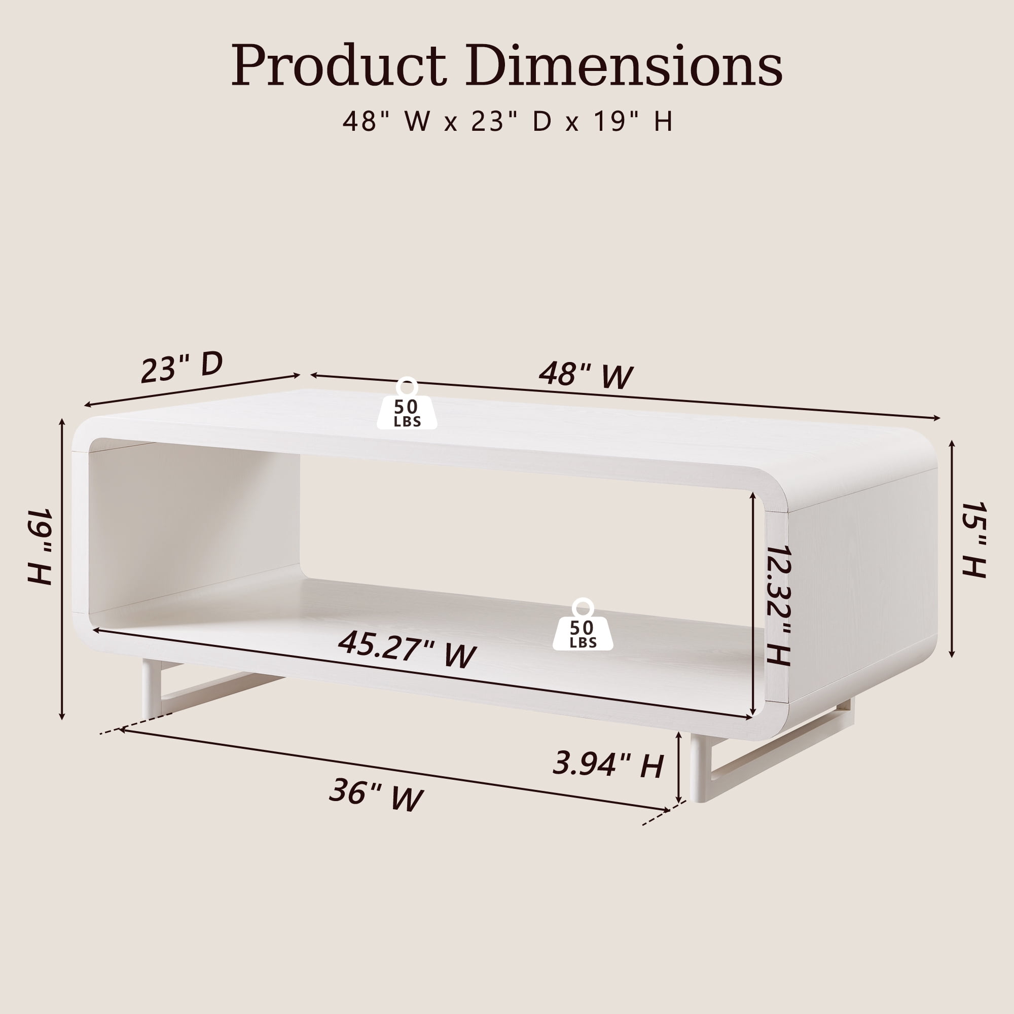 SinCiDo Modern Coffee Table with Storage Shelf, 2-Tier Wooden Rectangular Minimalist Center Table, Curved Profile Design for Living Room, Office, White